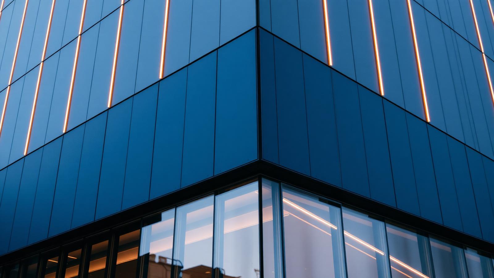 Modern navy office building facade at dusk