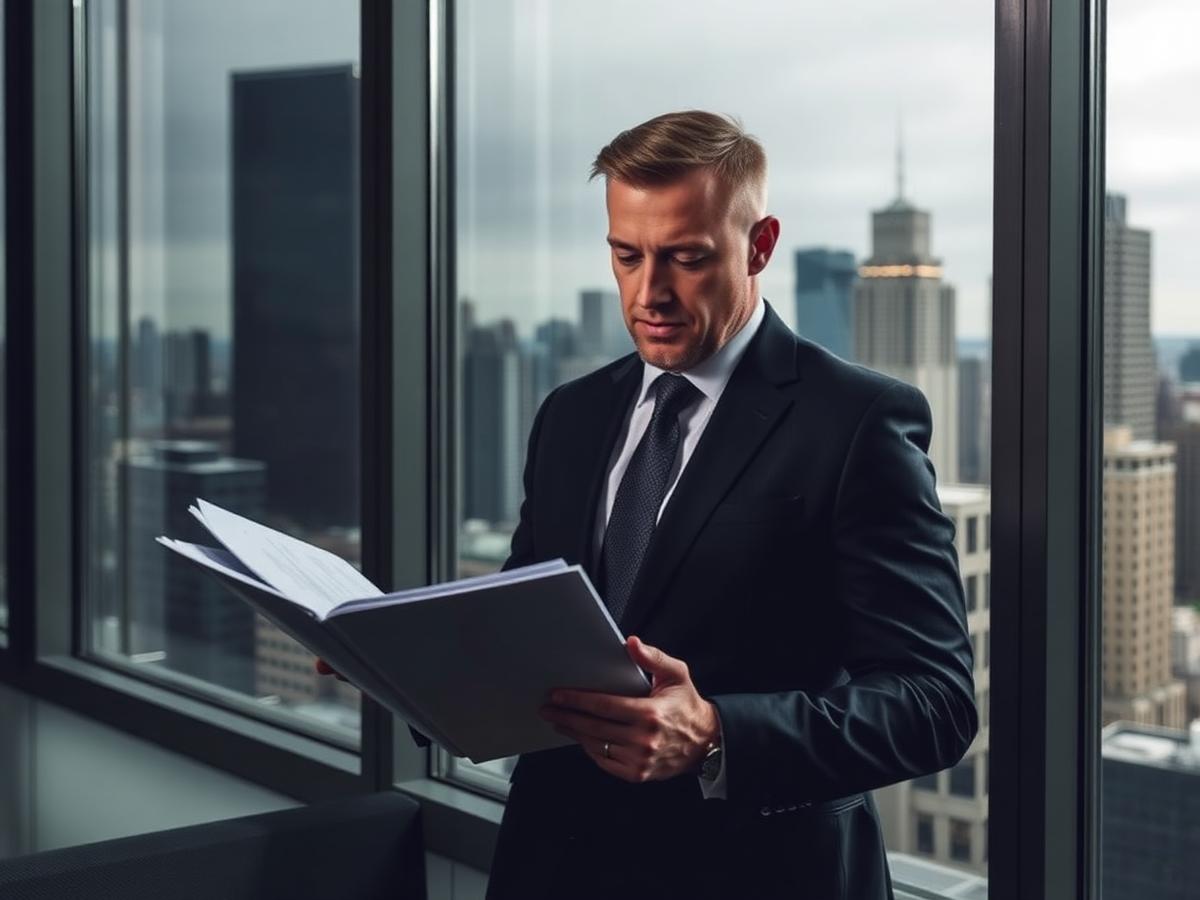 Executive reviewing documents beside a city skyline window